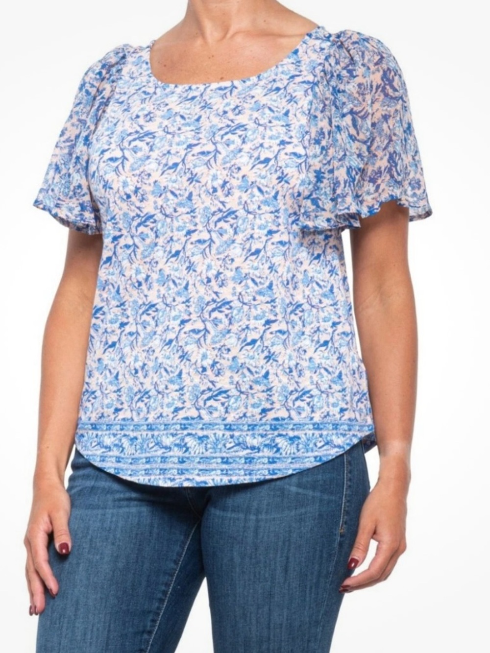 NWT Lucky Brand Floral Flutter Sleeve Keyhole Back Shirt L - Picture 13 of 13